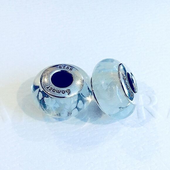 TWO SILVER MURANO GLASS CHARMS FOR PANDORA BRACELET - Picture 1 of 3